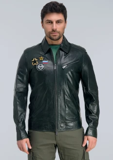 Куртка-пилот кожаная «ВКС» темно-зеленая - синий