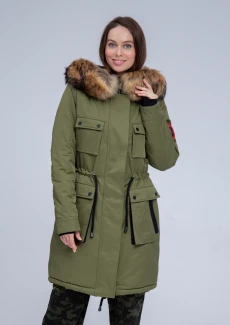 Куртка утепленная женская (натуральный мех енота) хаки: купить в интернет-магазине «Армия России