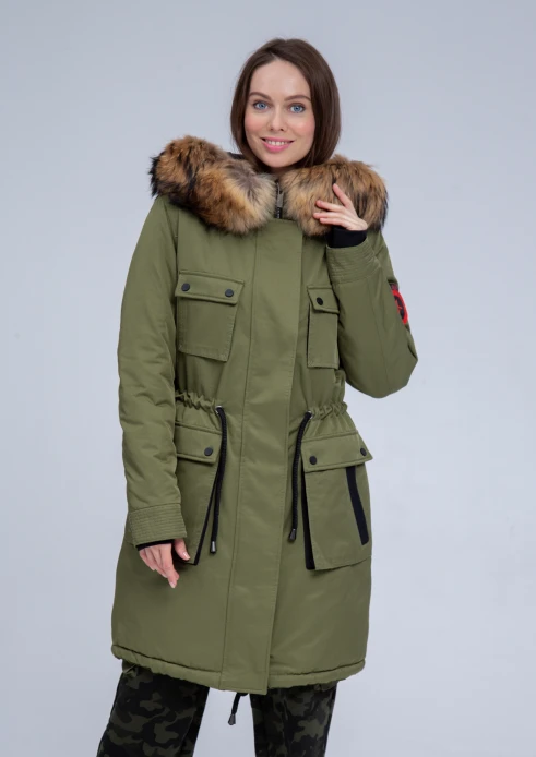 Купить куртка утепленная женская (натуральный мех енота) хаки в Москве с доставкой по РФ - изображение 1