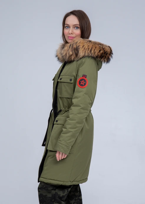 Купить куртка утепленная женская (натуральный мех енота) хаки в Москве с доставкой по РФ - изображение 3
