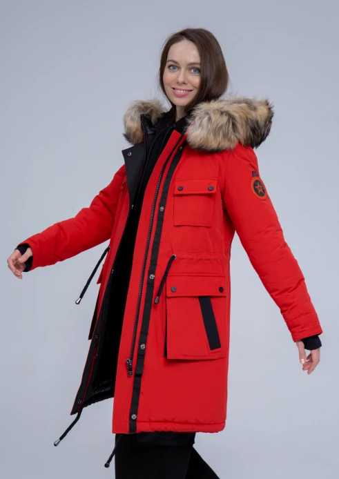 Купить куртка утепленная женская (натуральный мех енота) красная в Москве с доставкой по РФ - изображение 5