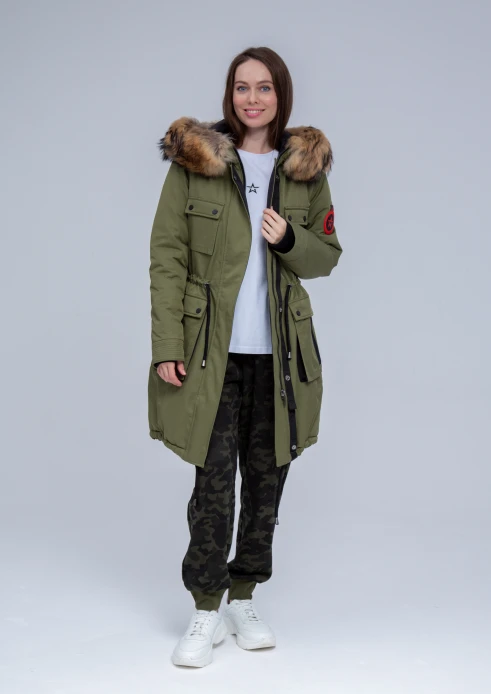 Купить куртка утепленная женская (натуральный мех енота) хаки в Москве с доставкой по РФ - изображение 24
