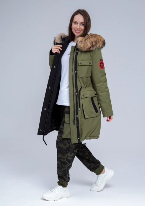 Купить куртка утепленная женская (натуральный мех енота) хаки в Москве с доставкой по РФ - изображение 25