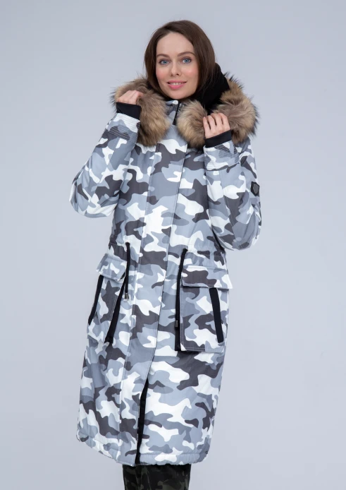 Купить куртка утепленная женская (натуральный мех енота) серый камуфляж в Москве с доставкой по РФ - изображение 1