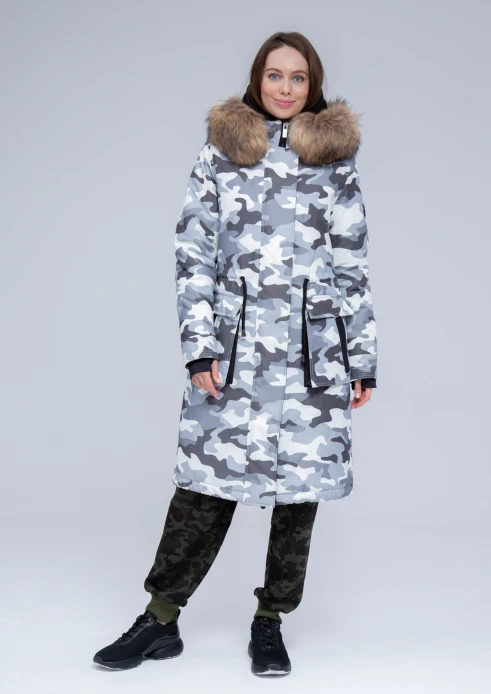 Купить куртка утепленная женская (натуральный мех енота) серый камуфляж в Москве с доставкой по РФ - изображение 20