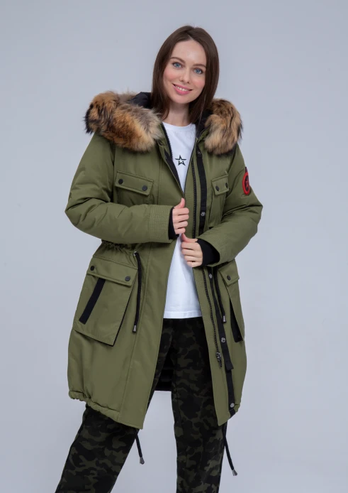 Купить куртка утепленная женская (натуральный мех енота) хаки в Москве с доставкой по РФ - изображение 4