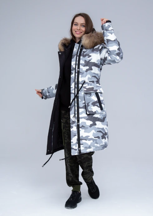 Купить куртка утепленная женская (натуральный мех енота) серый камуфляж в Москве с доставкой по РФ - изображение 24