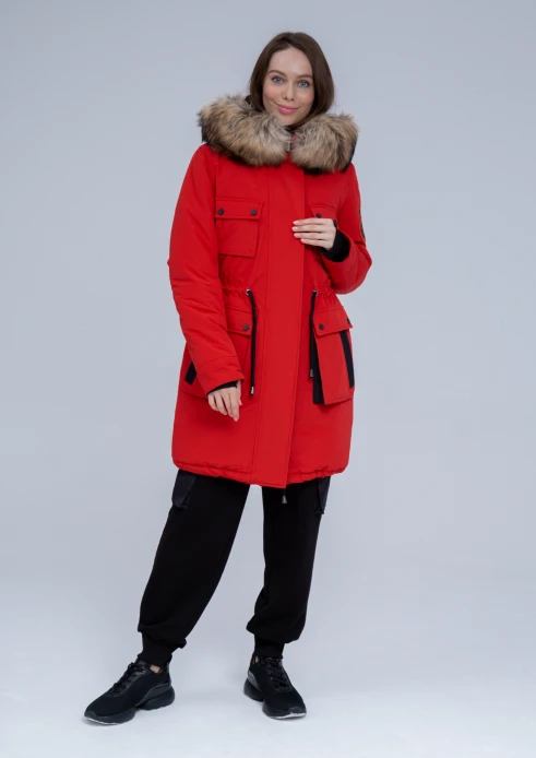 Купить куртка утепленная женская (натуральный мех енота) красная в Москве с доставкой по РФ - изображение 22
