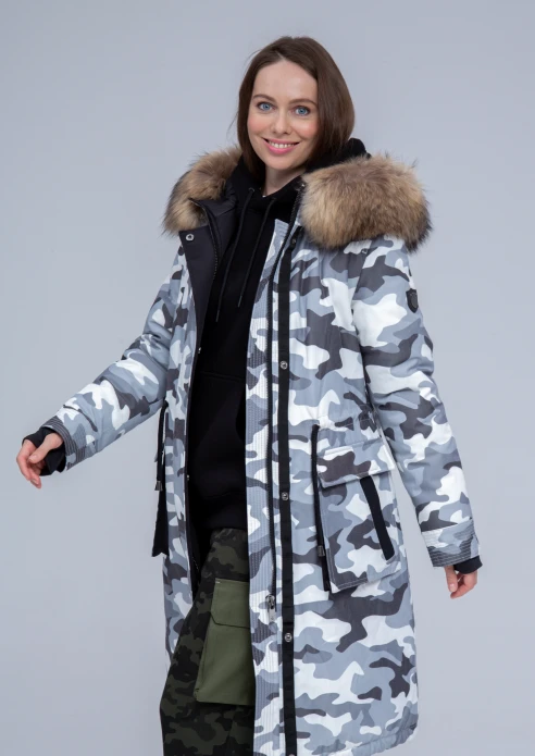 Купить куртка утепленная женская (натуральный мех енота) серый камуфляж в Москве с доставкой по РФ - изображение 6