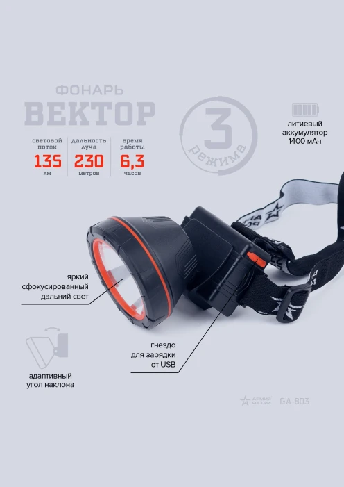 Купить фонарь «вектор» ga-803 налобный светодиодный эра «армия россии»  в интернет-магазине ArmRus по выгодной цене. - изображение 7