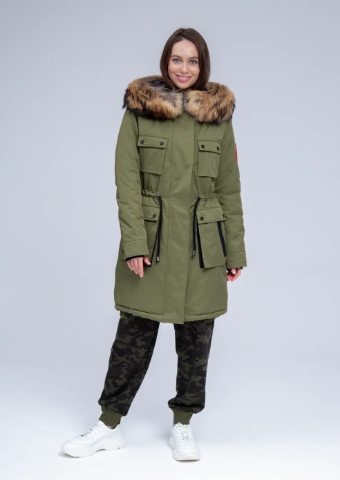 Купить куртка утепленная женская (натуральный мех енота) хаки в Москве с доставкой по РФ - изображение 20
