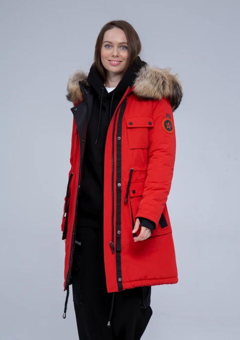 Купить куртка утепленная женская (натуральный мех енота) красная в Москве с доставкой по РФ - изображение 4