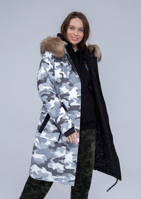 Купить куртка утепленная женская (натуральный мех енота) серый камуфляж в Москве с доставкой по РФ - изображение 5