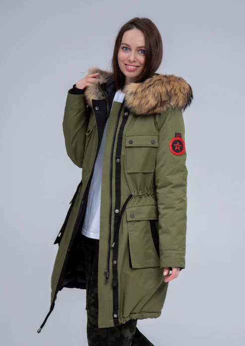 Купить куртка утепленная женская (натуральный мех енота) хаки в Москве с доставкой по РФ - изображение 5