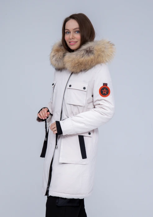 Купить куртка утепленная женская (натуральный мех енота) белая в Москве с доставкой по РФ - изображение 3