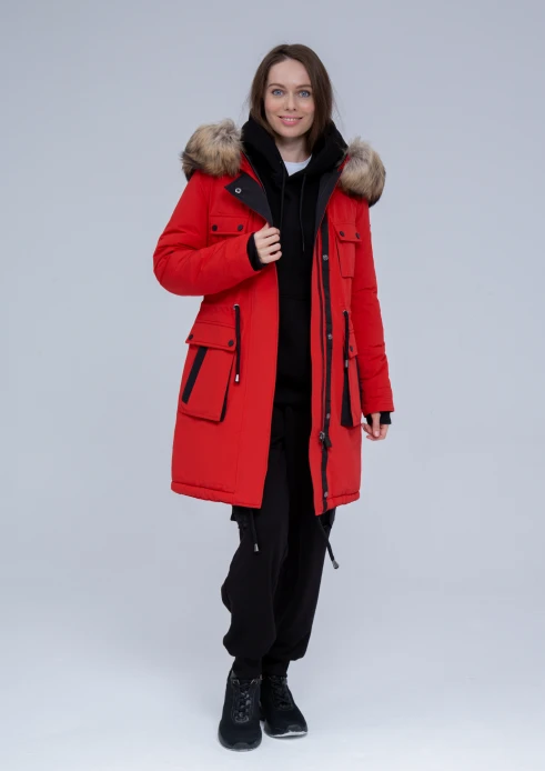 Купить куртка утепленная женская (натуральный мех енота) красная в Москве с доставкой по РФ - изображение 26