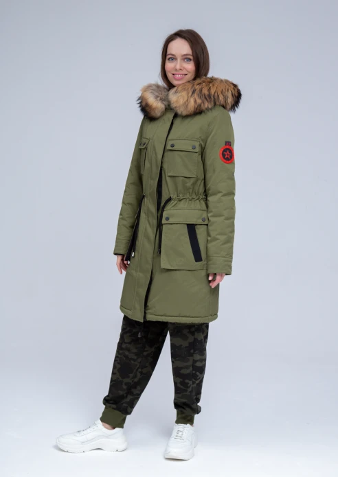 Купить куртка утепленная женская (натуральный мех енота) хаки в Москве с доставкой по РФ - изображение 22