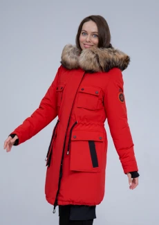 Куртка утепленная женская (натуральный мех енота) красная - красный