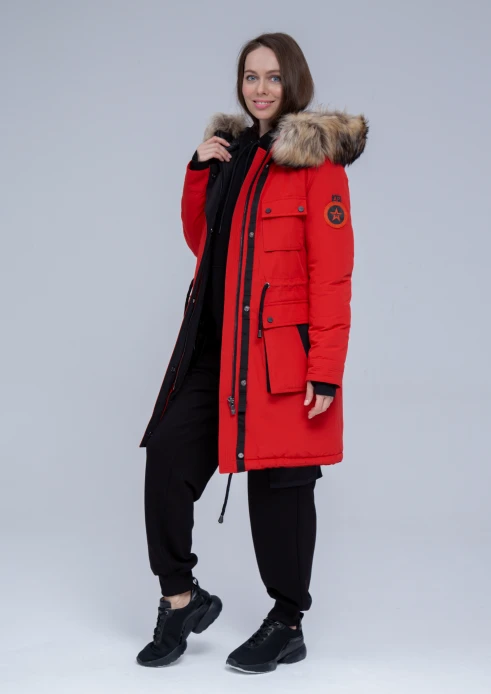 Купить куртка утепленная женская (натуральный мех енота) красная в Москве с доставкой по РФ - изображение 25